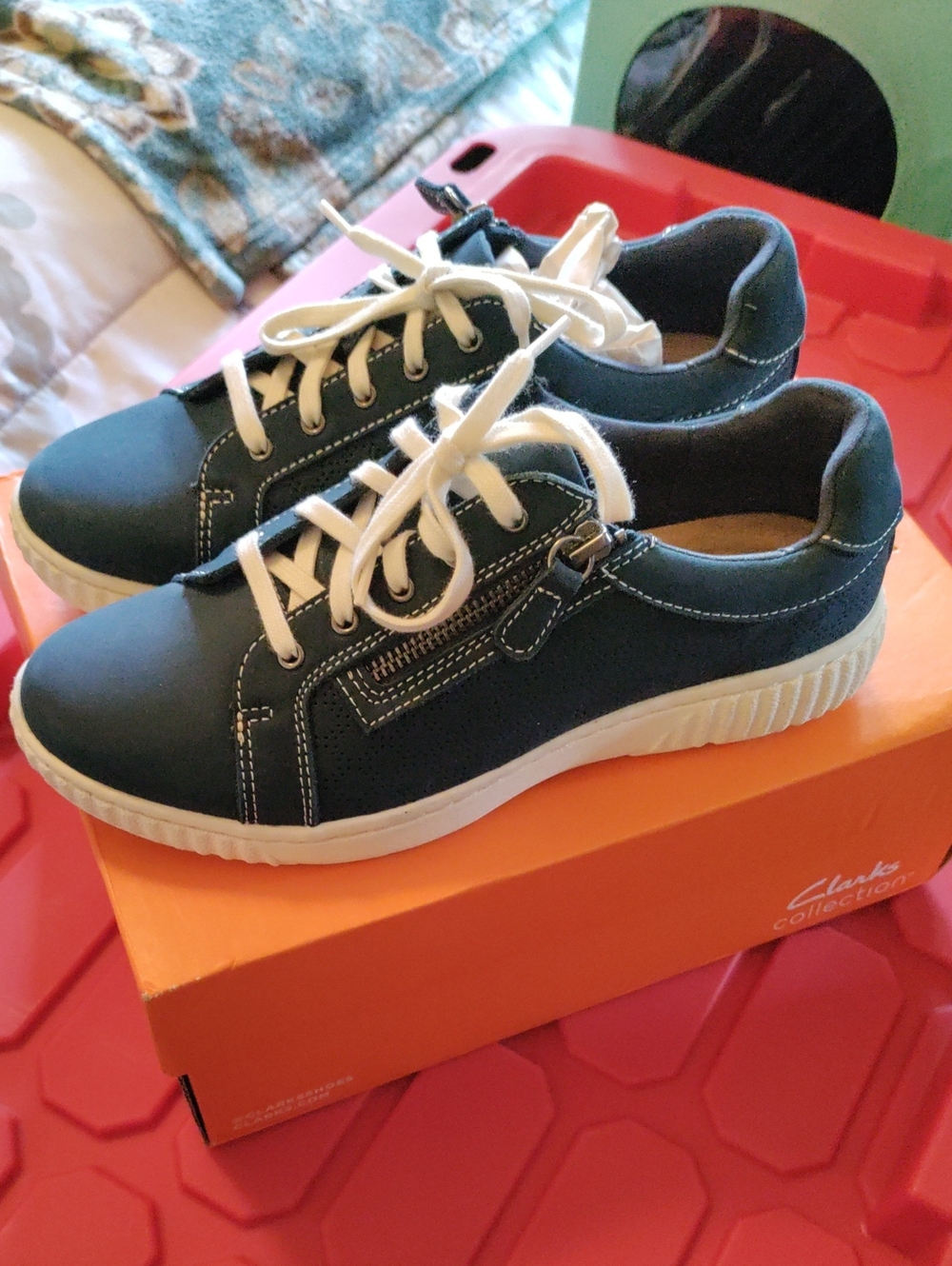 Clarks Navy and White Lace-Up Sneakers with Side Zipper Detail